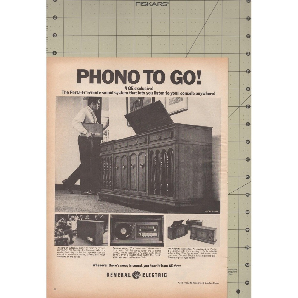 1968 General Electric Vintage Print Ad GE Phono Stereo To Go Console Porta-Fi - Picture 2 of 3